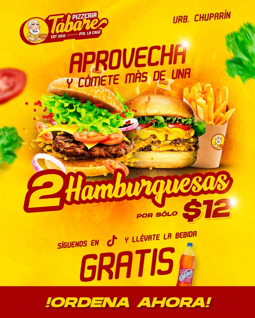 Combo de 2 hamburguesas con papas y bebidas 