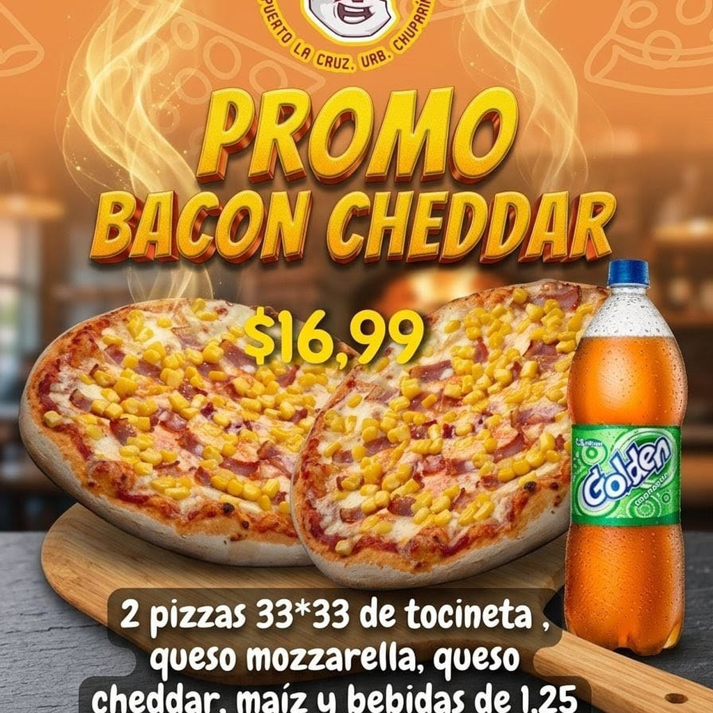 Promo Pizzas Bacon Cheddar (2 Pizzas + 1 refresco)