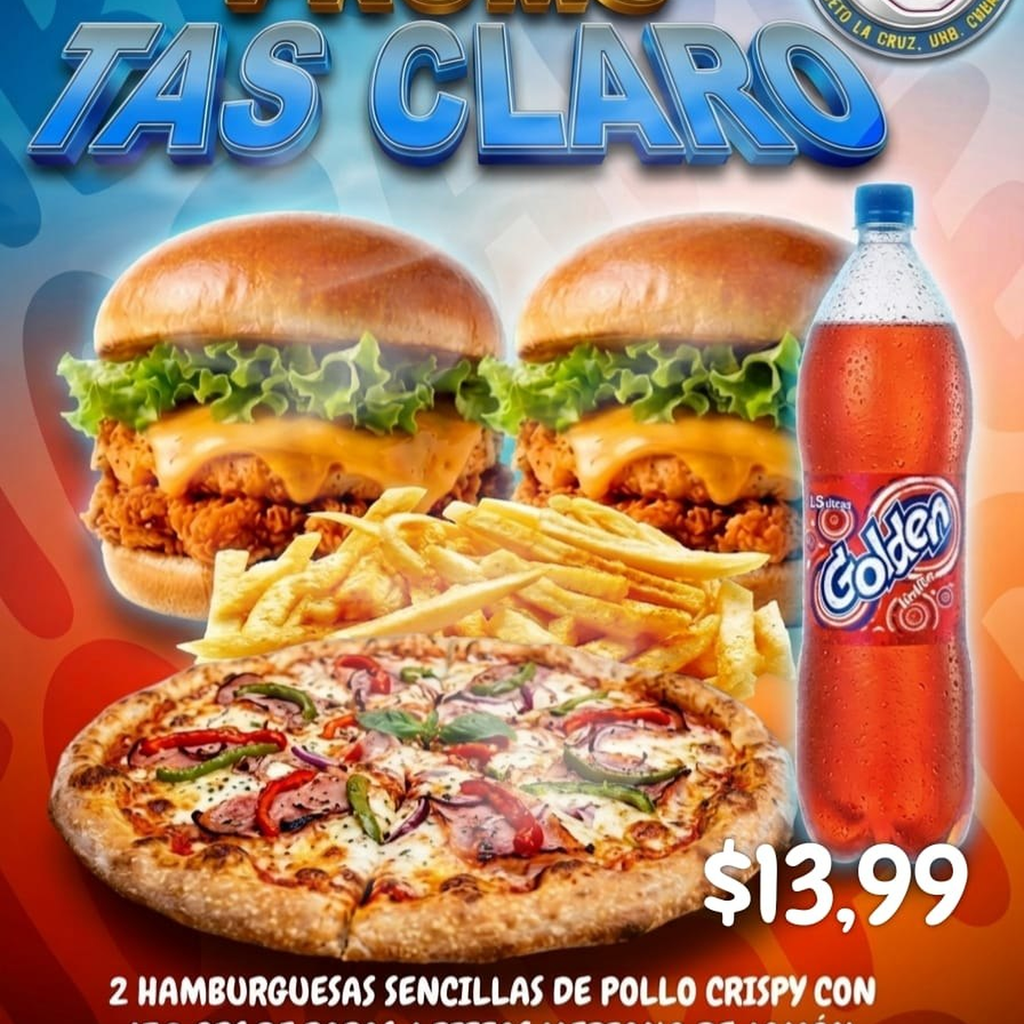 Promo Tas Claro (2 Hamburguesas de pollo crispy + 1 Pizza + 1 Refresco)