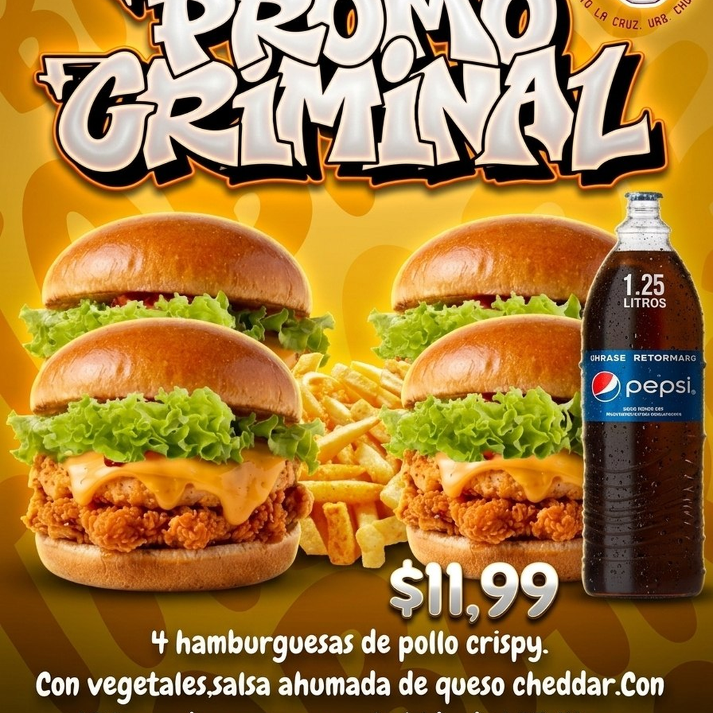Promo Criminal (4 Hamburguesas de pollo crispy + refresco)