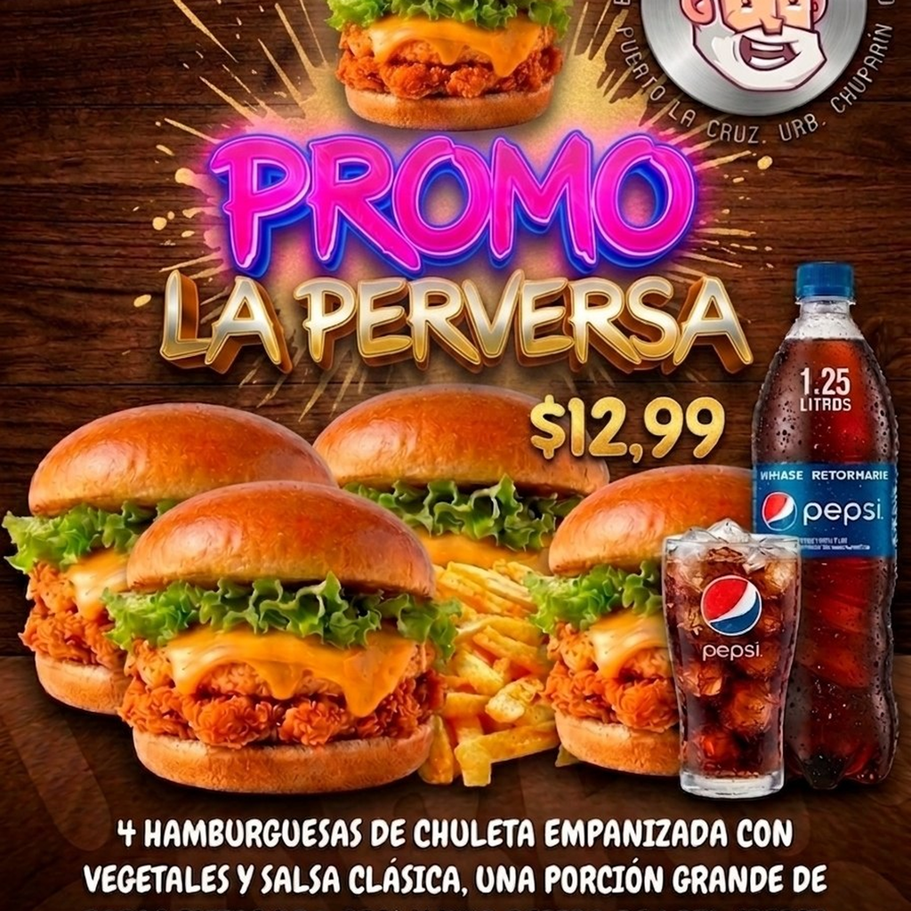 Promo la perversa (4 Hamburguesas de chuleta empanizada + refresco)