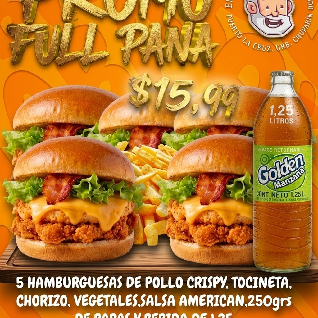 Promo full pana (5 Hamburguesas de pollo crispy + refresco)