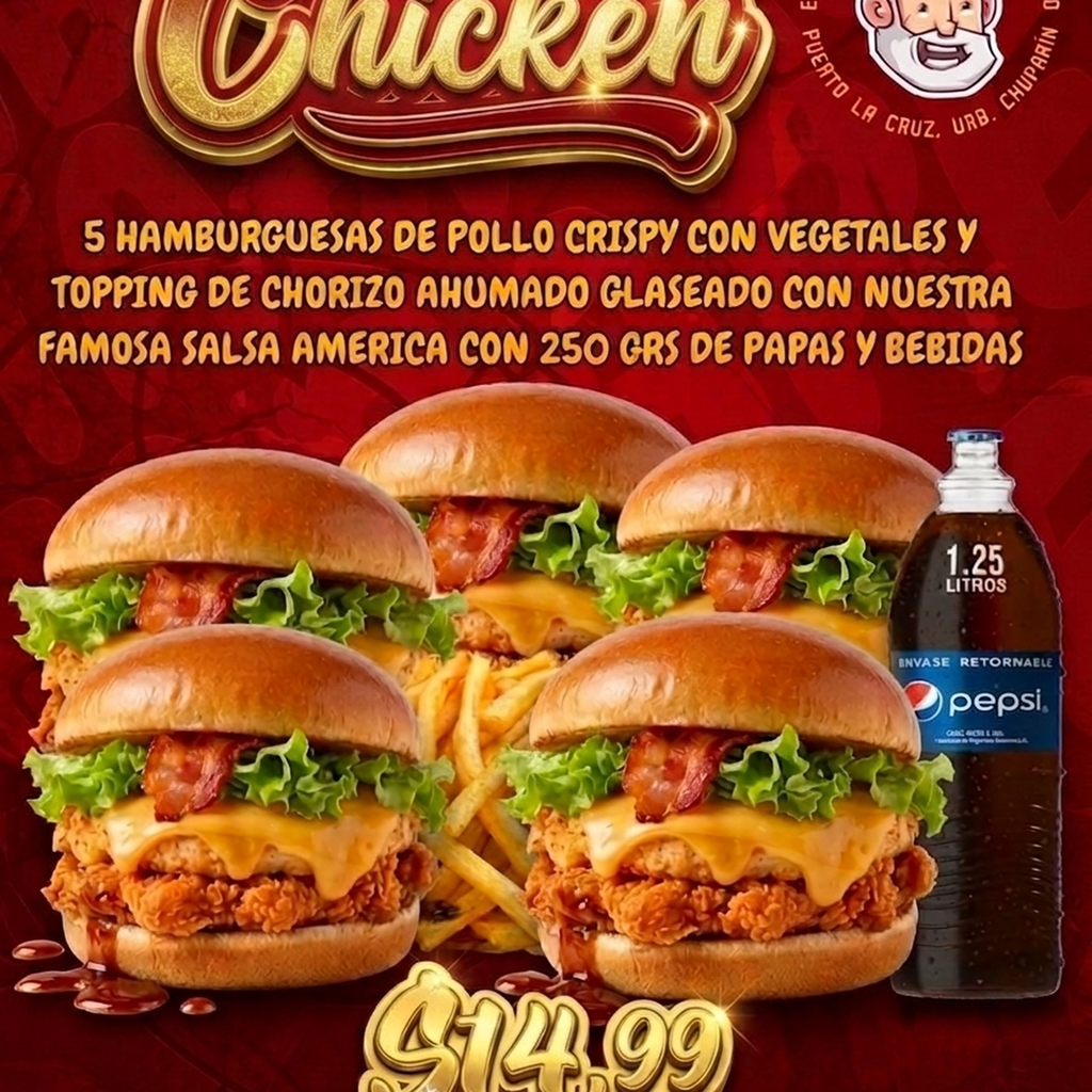 Promo American Chicken (5 Hamburguesas de pollo crispy + refresco)