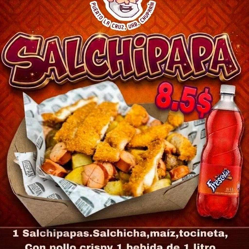 Salchipapa con pollo crispy + refresco 1Ltr