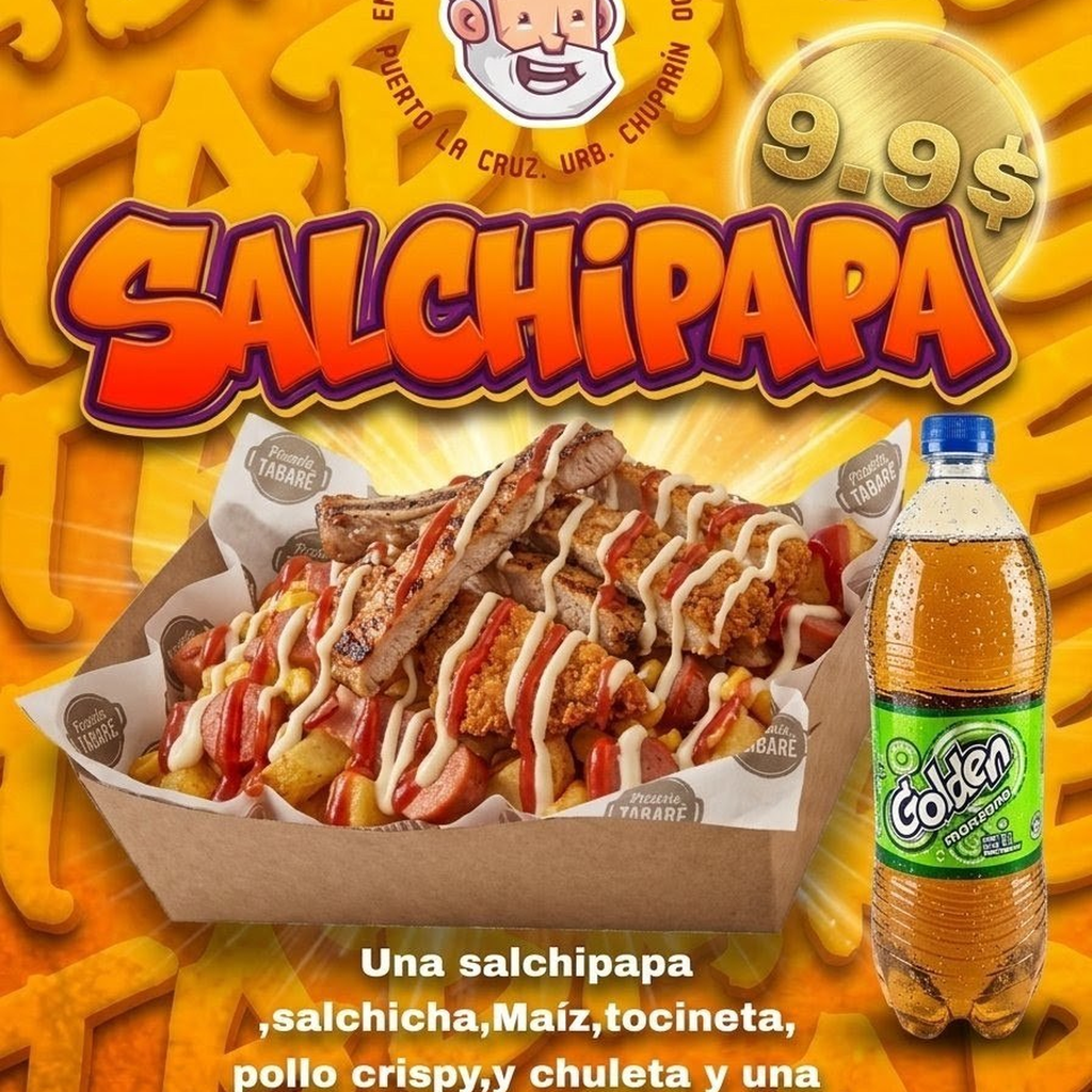 Salchipapa con pollo crispy y chuleta + refresco 1Ltr