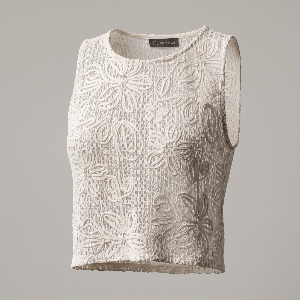 Top Sin Mangas de Malla con Bordado Floral Tridimensional