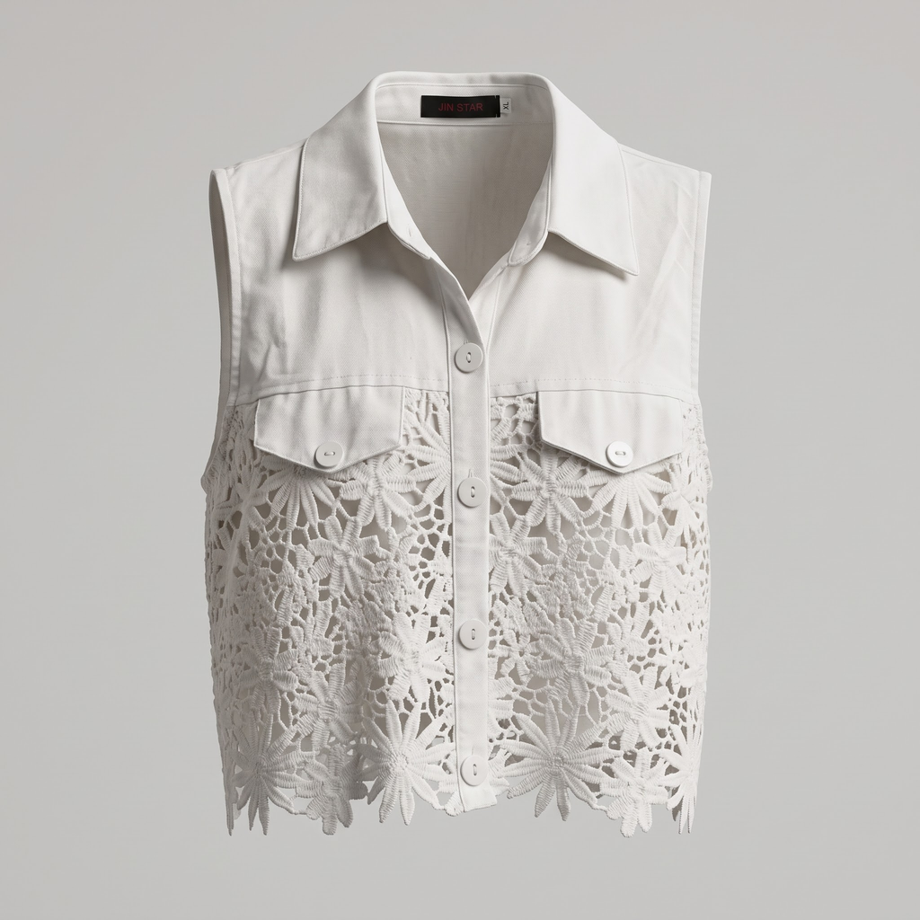Chaleco Camisero Cropped con Panel de Guipur Floral