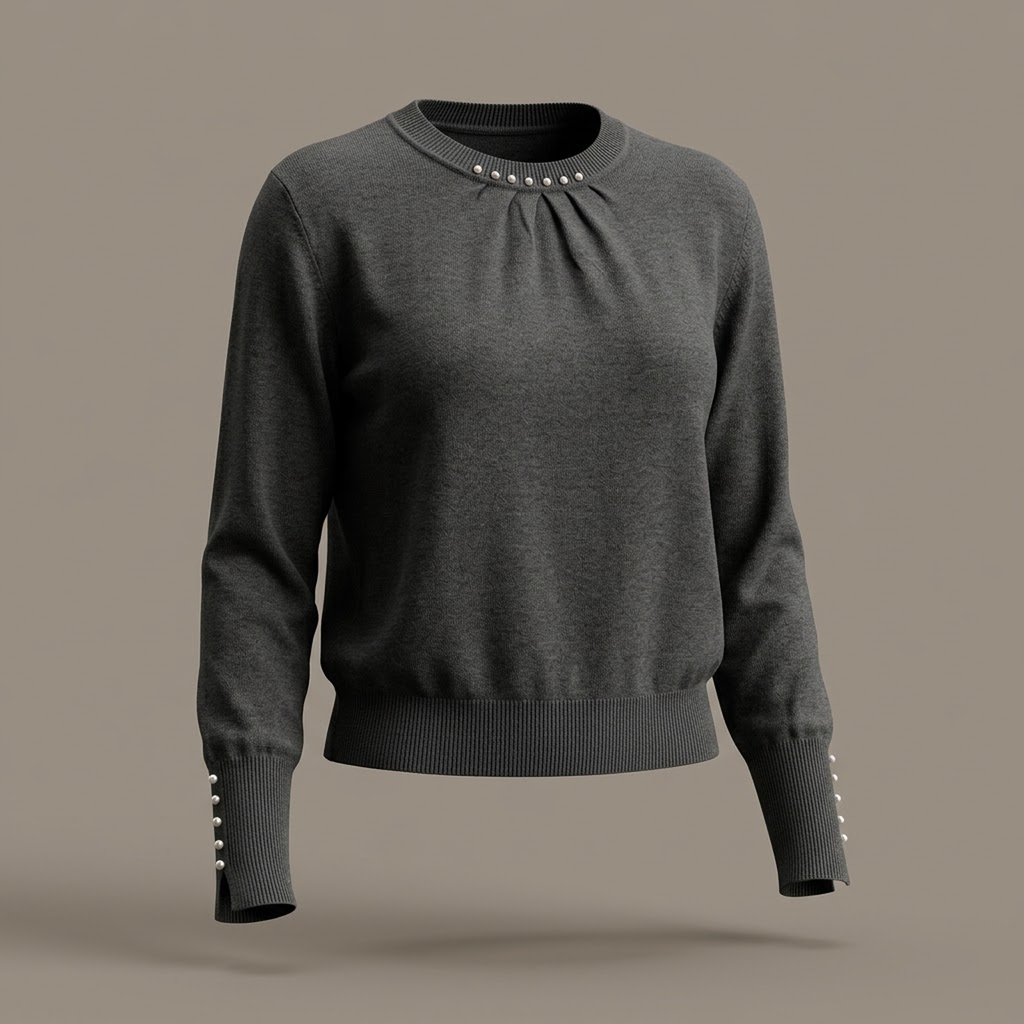 Suéter de Punto Fino Gris con Apliques de Perlas