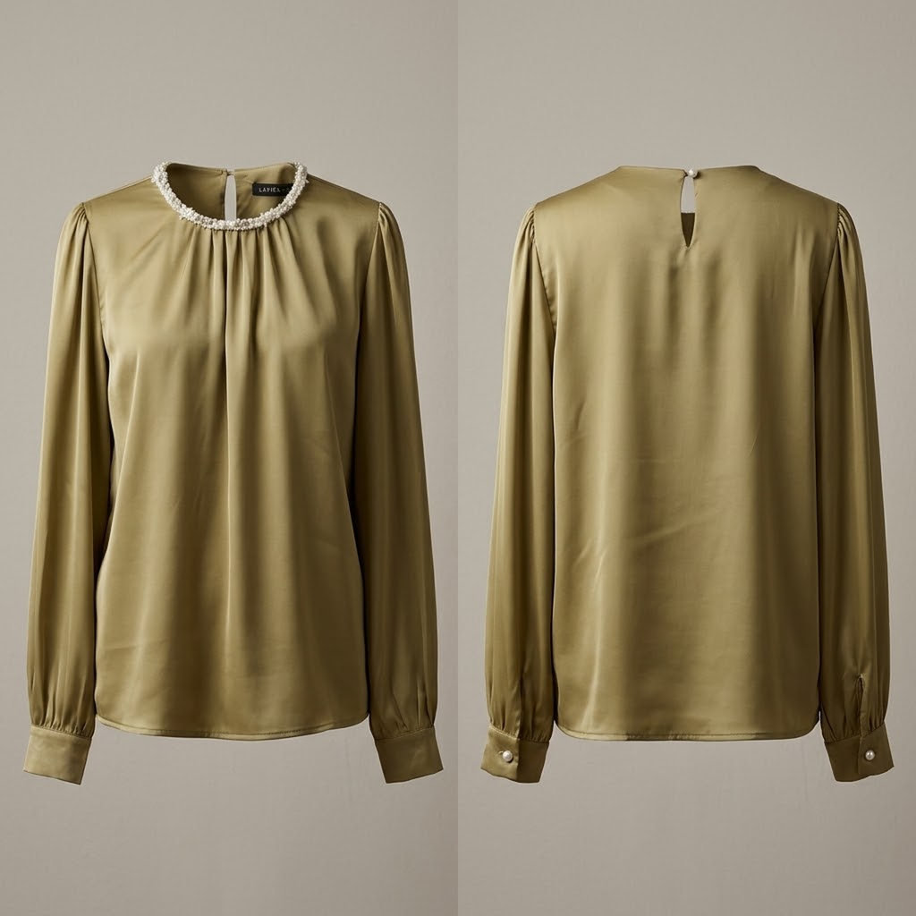 Blusa Satinada Fluida con Cuello Adornado