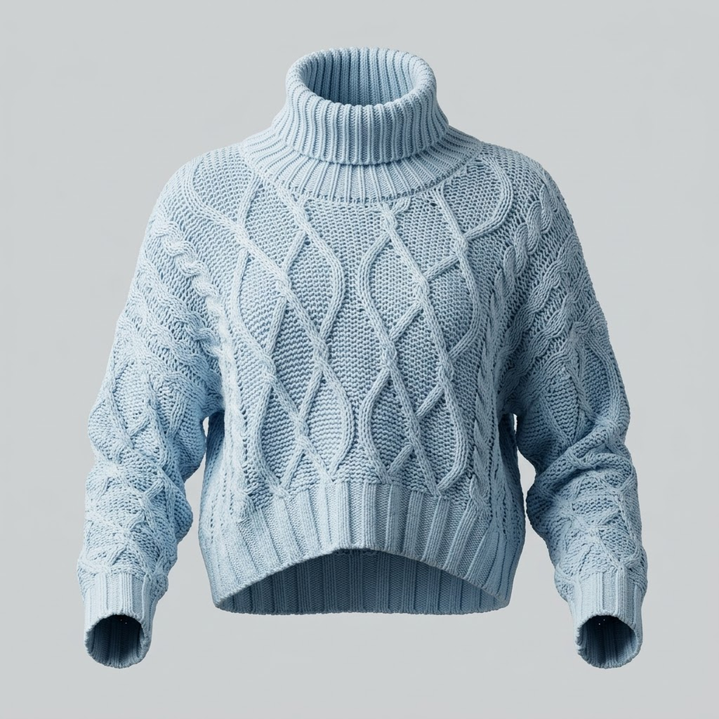 Suéter Celeste de Punto Trenzado con Cuello Alto