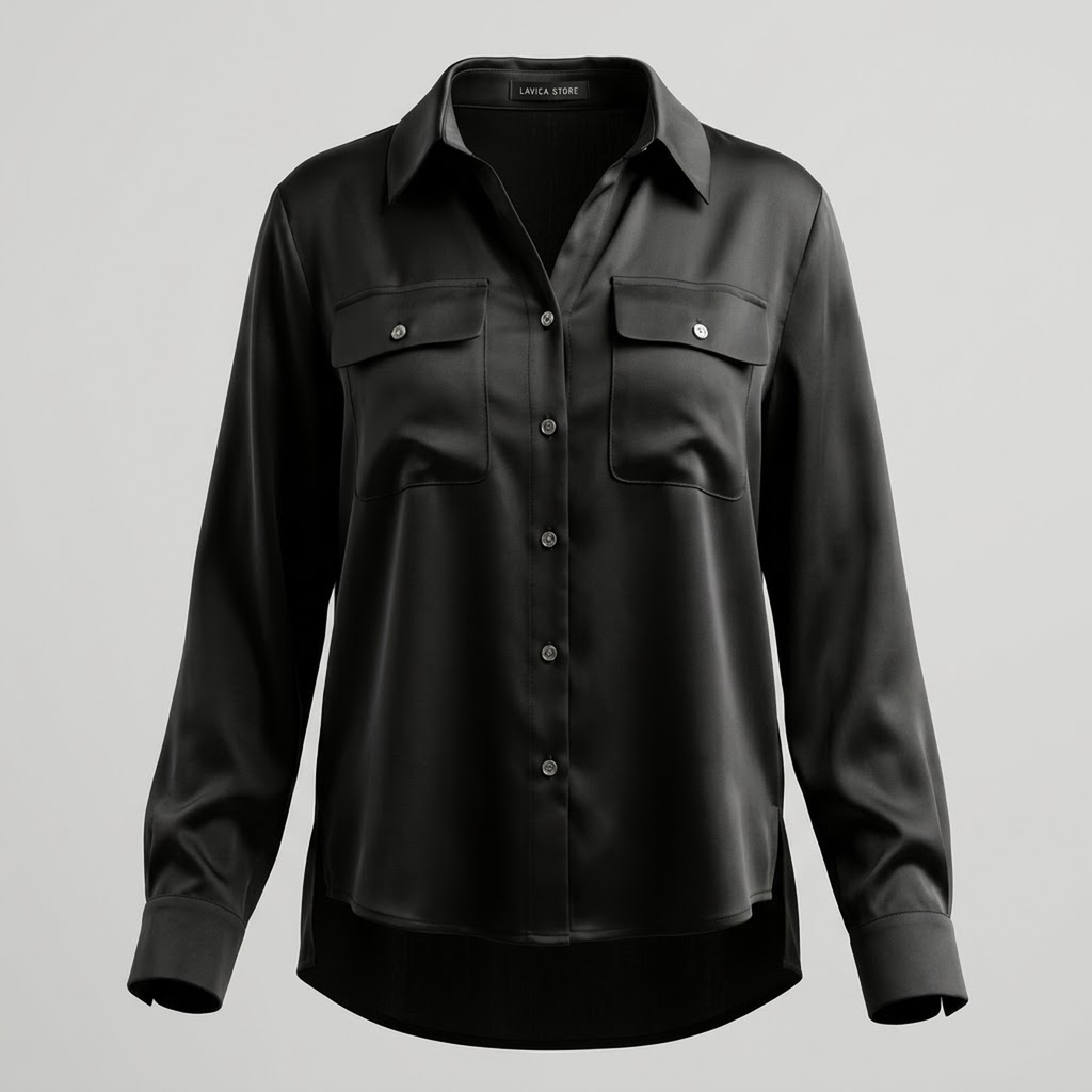 Camisa Satinada Negra con Bolsillos de Solapa