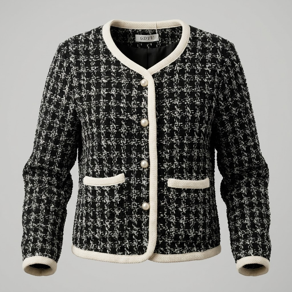 Chaqueta Tweed Clásica con Ribetes a Contraste y Botones Joya