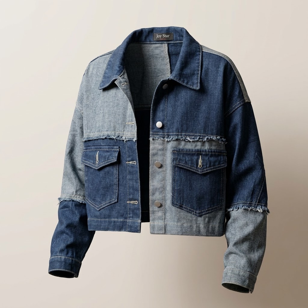 Chaqueta Vaquera Patchwork Bicolor con Bordes Deshilachados