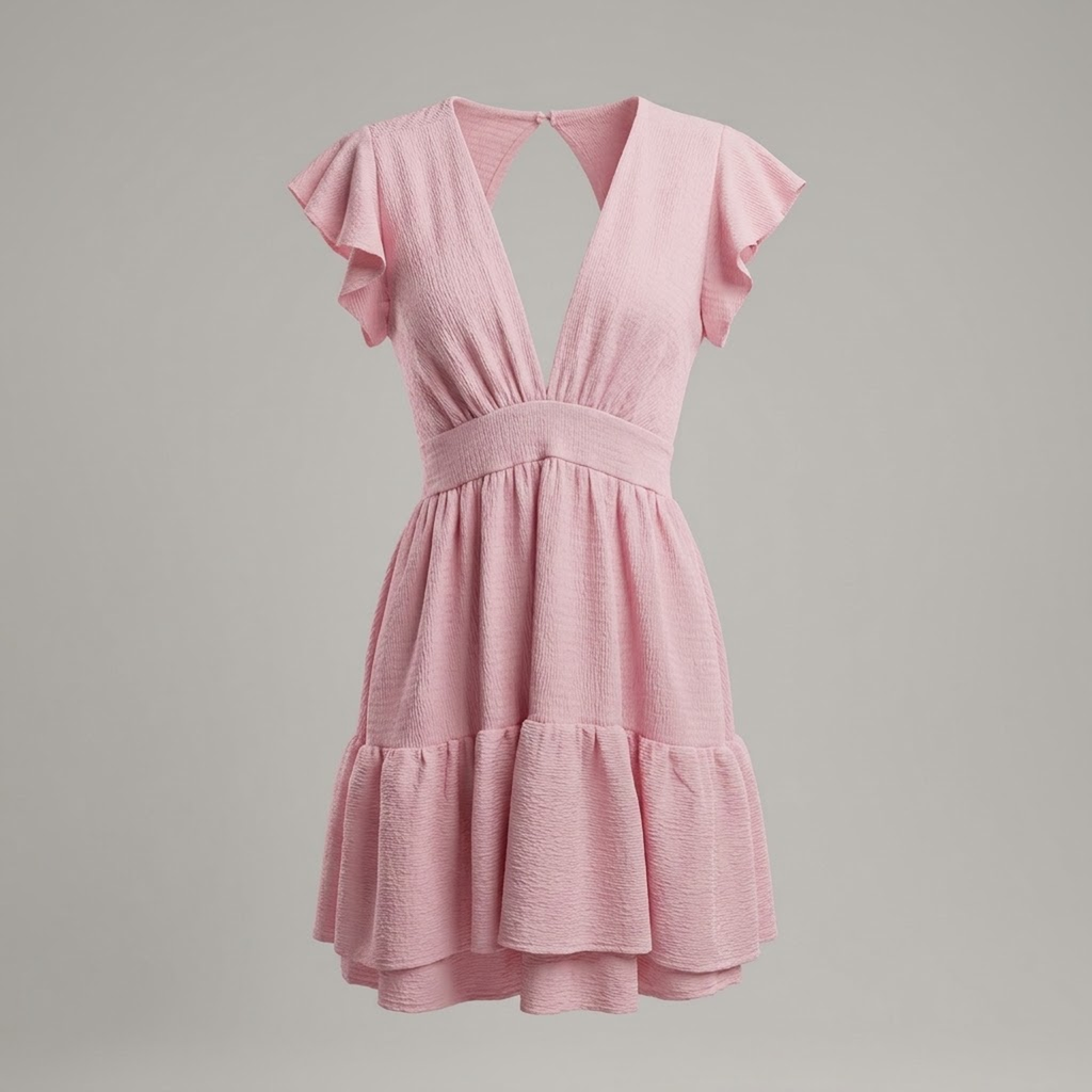 Vestido Corto Texturizado Rosa Pastel con Mangas Mariposa