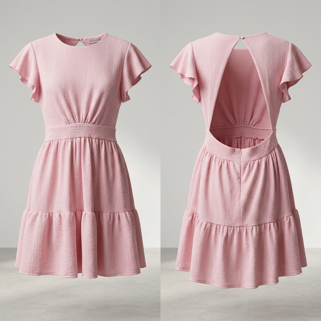 Vestido Corto Texturizado Rosa Pastel con Espalda Abierta