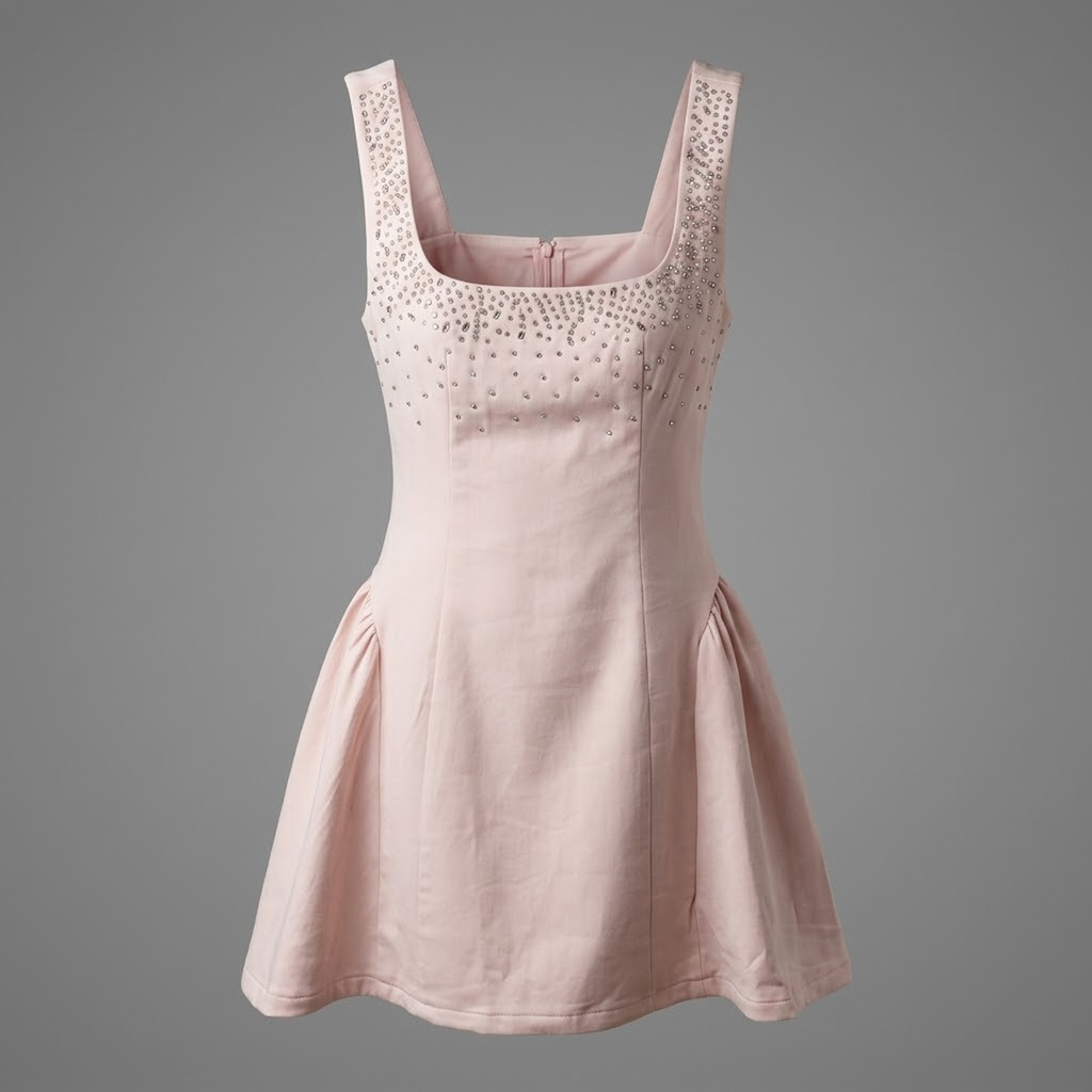 Vestido Corto Rosa Pastel con Pedrería Degradada