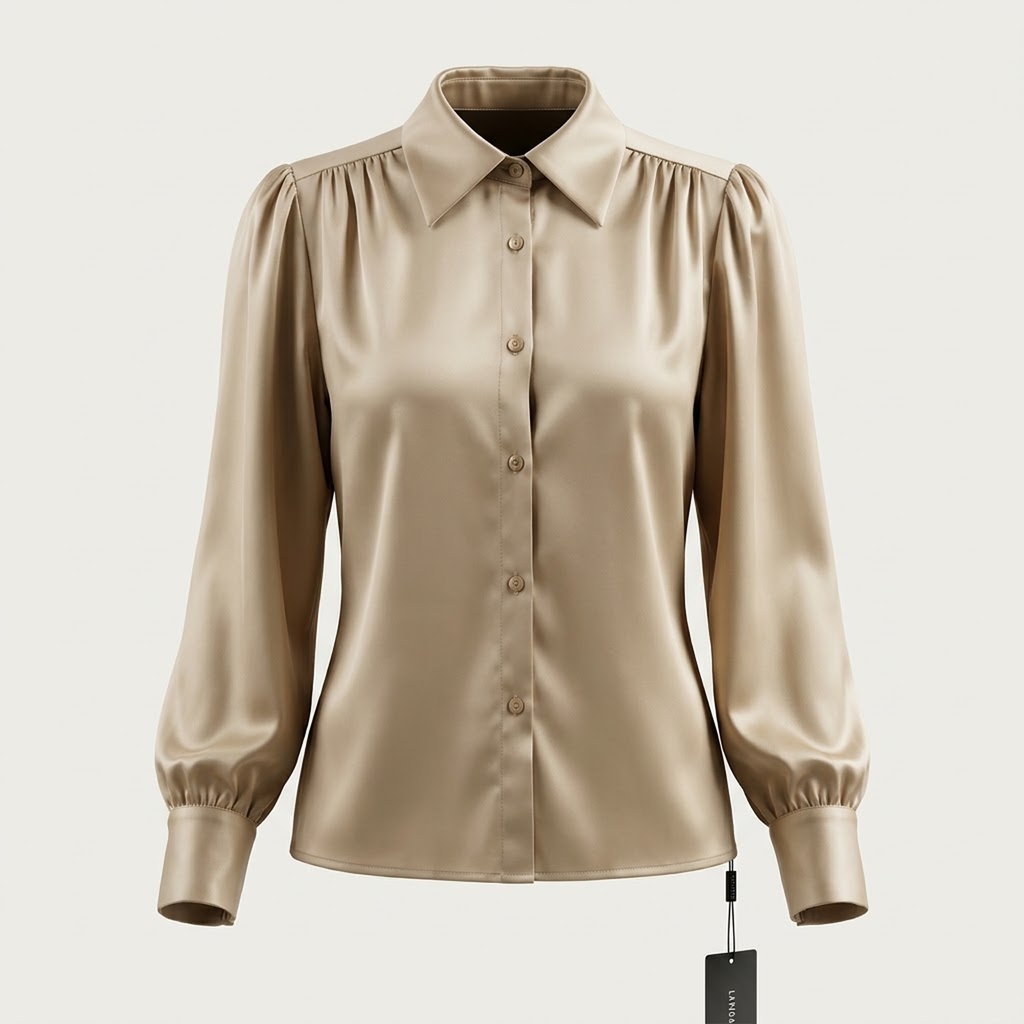 Blusa Camisera Satinada en Tono Champagne