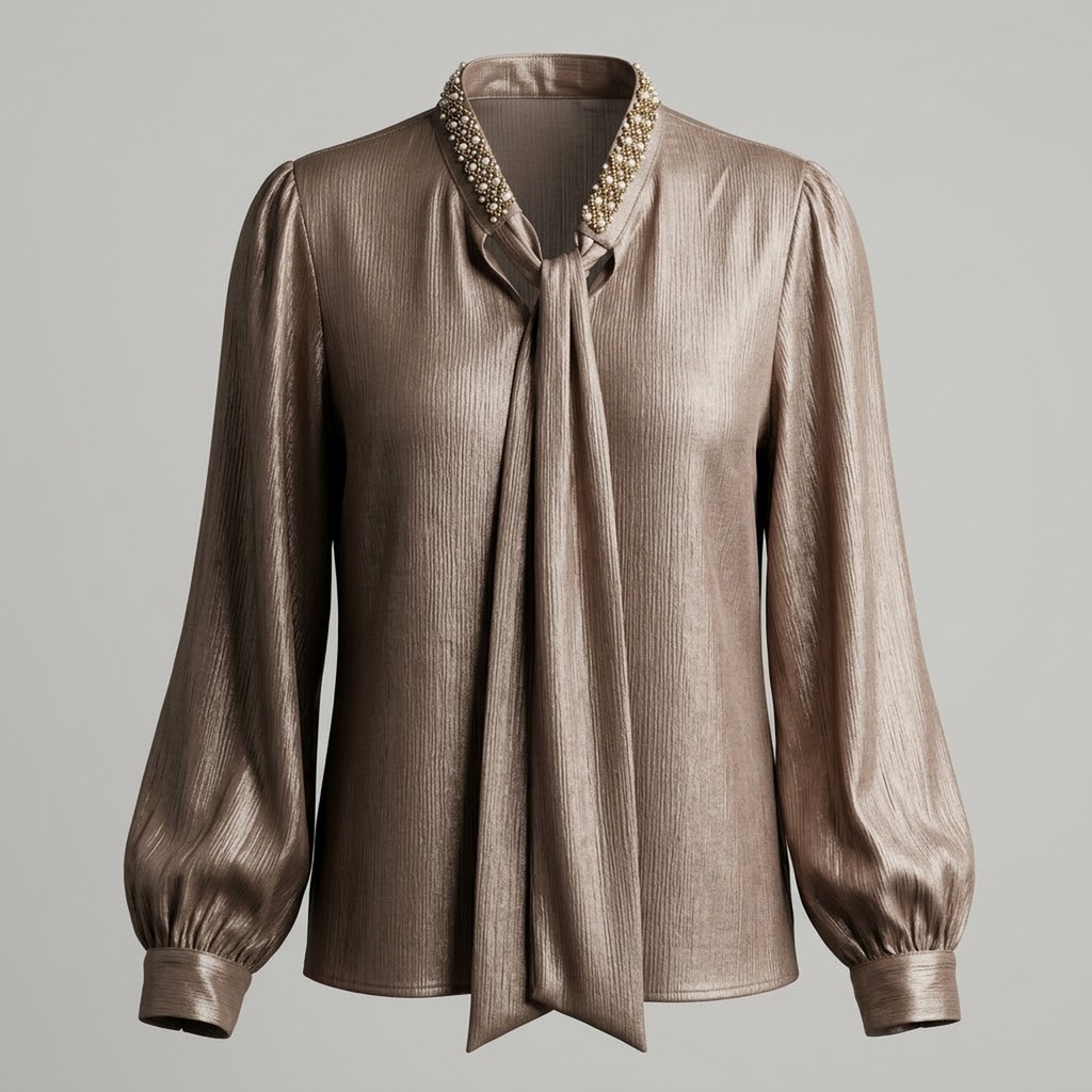 Blusa Bronce Texturizada con Cuello Joya y Lazo