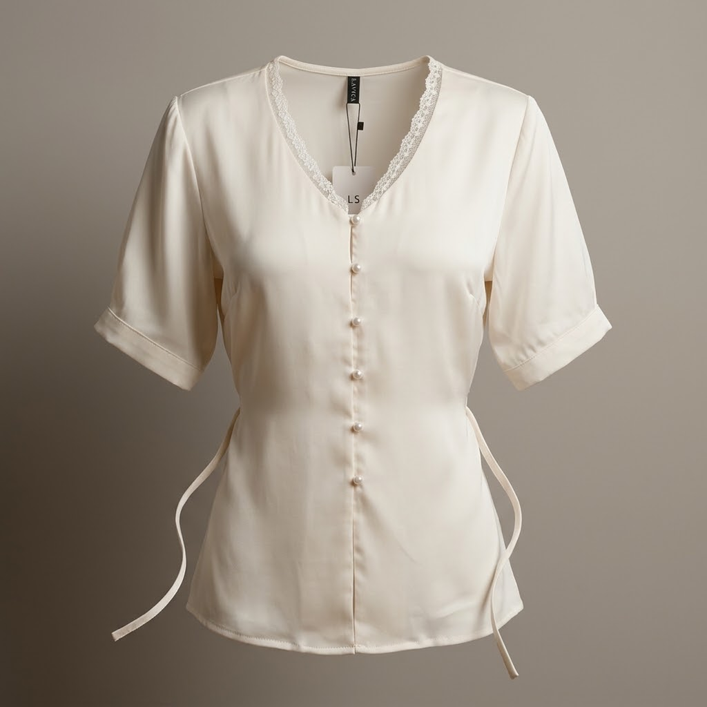 Blusa Marfil Entallada con Ribete de Encaje y Botones Joya