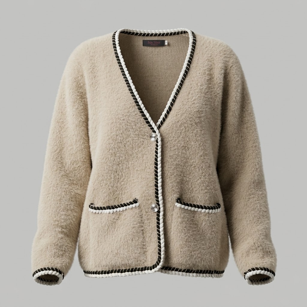 Cárdigan Beige Texturizado con Ribetes Bicolor