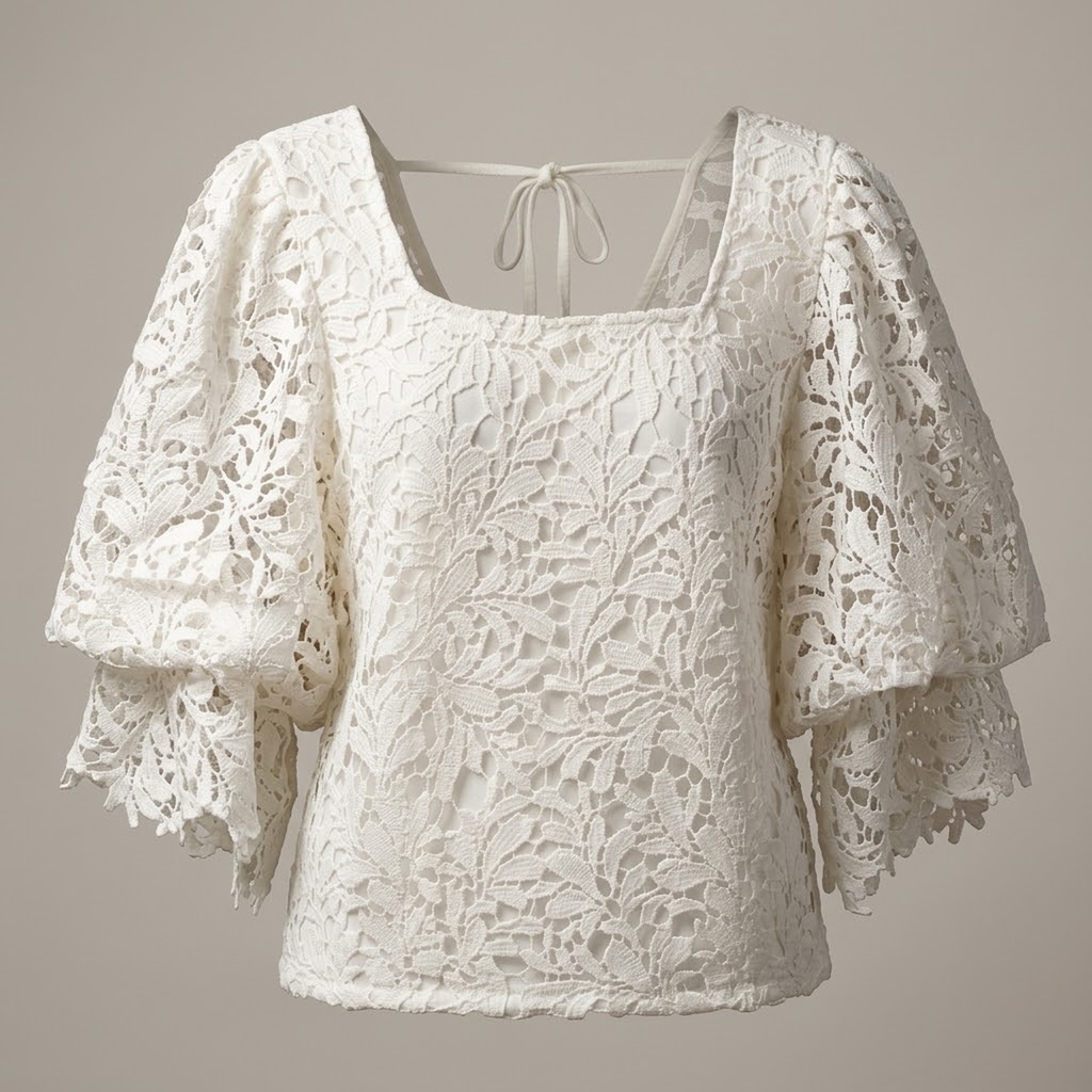 Blusa Romántica de Encaje Floral con Mangas Acampanadas