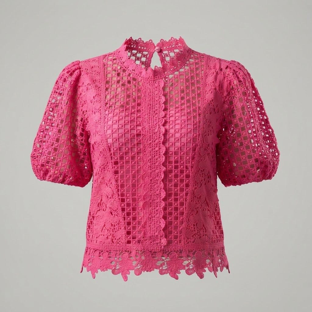 Blusa Fucsia de Guipur con Mangas Abullonadas