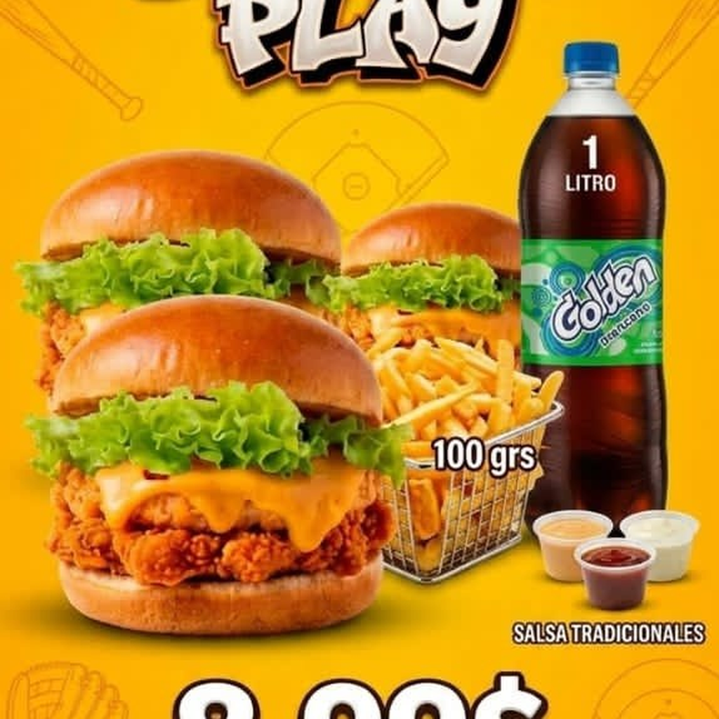 Promo Beisbol Play (3 Hamburguesas de pollo crispy + papas + bebida)