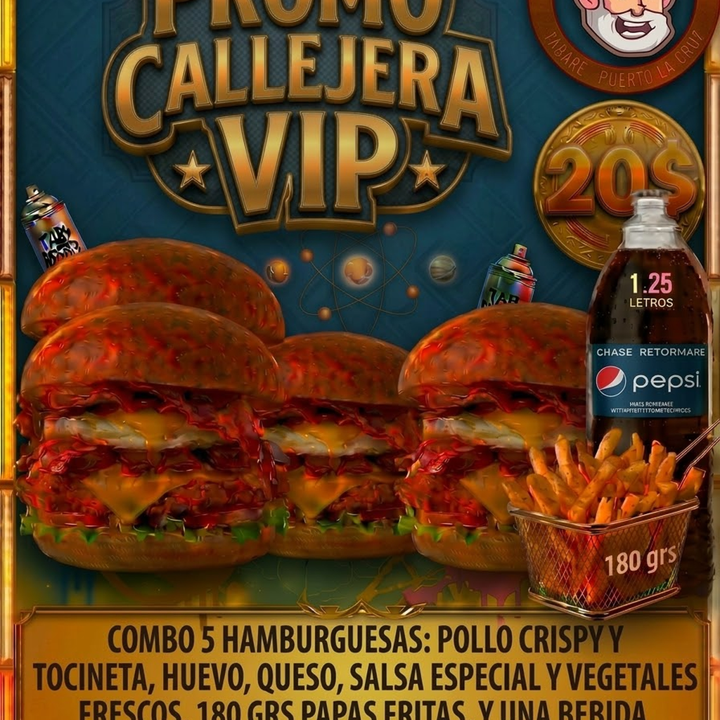Promo callejera vip (5 hamburguesas de pollo crispy + bebida + papas fritas