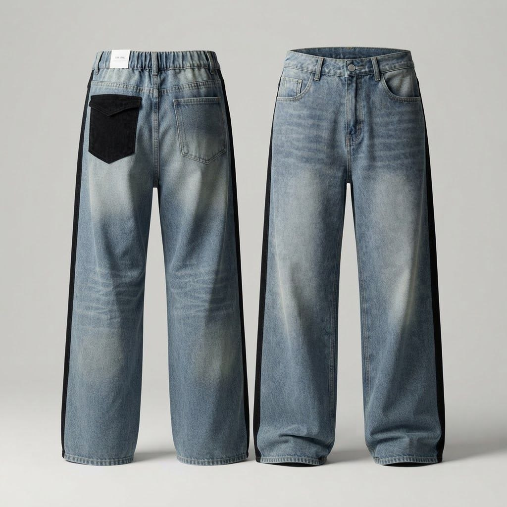 Pantalón Vaquero Baggy con Franjas Laterales y Bolsillo en Contraste