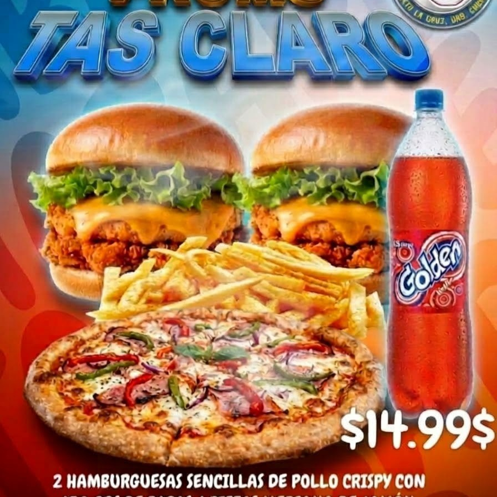 Promo Tas Claro (2 Hamburguesas de pollo crispy + 1 Pizza + 1 Refresco)