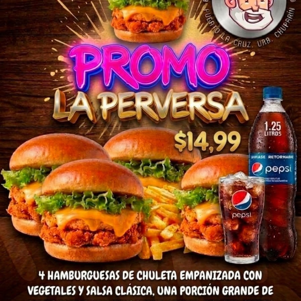 Promo la perversa (4 Hamburguesas de chuleta empanizada + refresco)