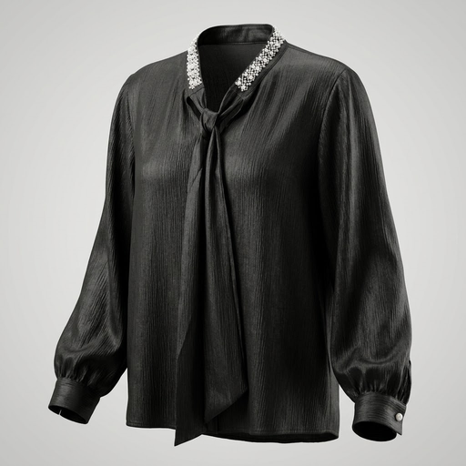 Blusa Negra Plisada con Cuello Joya y Lazo