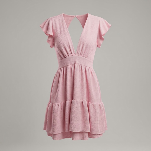 Vestido Corto Texturizado Rosa Pastel con Mangas Mariposa