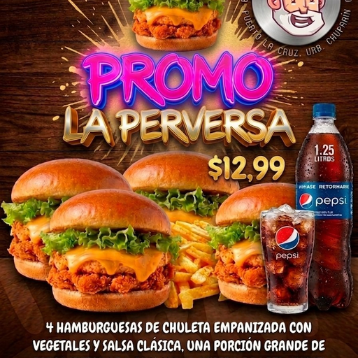 Promo la perversa (4 Hamburguesas de chuleta empanizada + refresco)